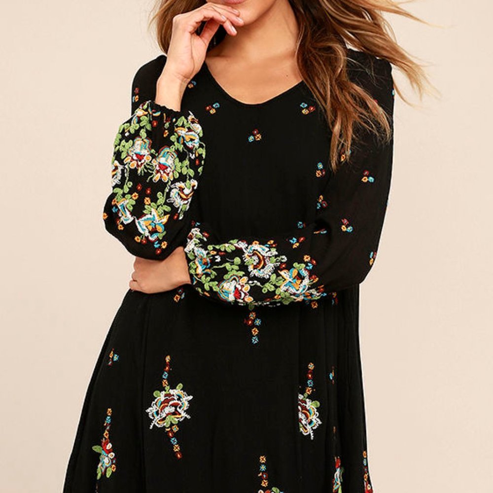 Free People Oxford Black Embroidered Swing Dress